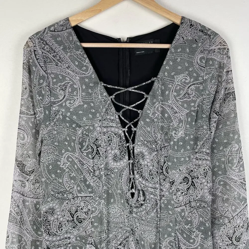 ASOS Dress 10 Black Paisley Whimsigoth Witchy Mini Lace Up Fairy Grunge Emo Boho